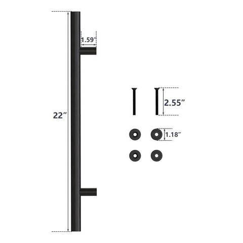 Heavy Duty 22 Inch Extra Long Pull Barn Door Handle Set in Frosted Black Finish, dimensions visible, ergonomic round design