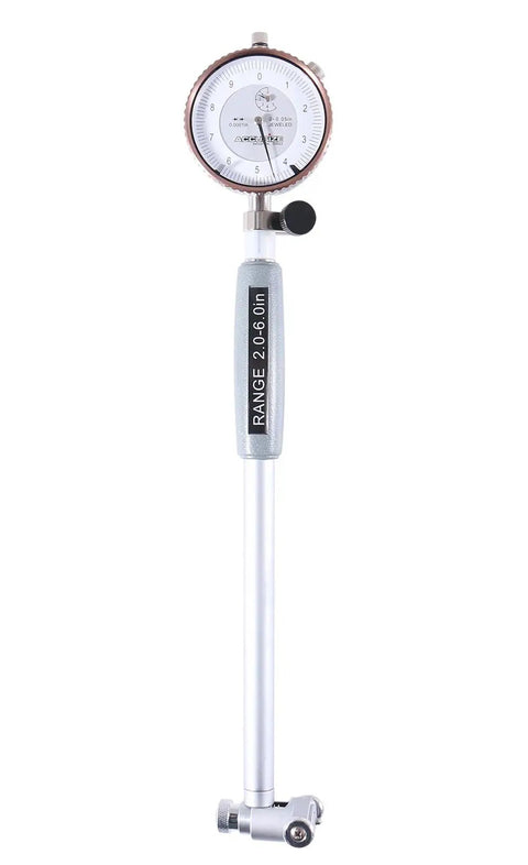 Dial Bore Gauge Set With 2 To 6 Inch Range And 6 Inch Stem 0.0001 Inch Graduation Accurate To Plus Or Minus 0.0004 Inch Includes Extension Holder And Case Chrome Plated Handle Insulated Self Centering front view