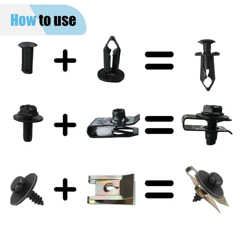 Diagram showing assembly of 100 Piece Automotive Screws And Bolts Kit For Engine Under Cover Splash Shield Guard And Fender Liner Push Retainer Clips U Nuts And Plastic Rivet Fasteners For Car Body Repair