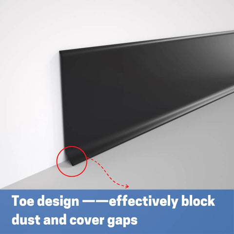 Self Adhesive Vinyl Baseboard Moulding 4 Inch By 20 Feet Black Peel And Stick Wall Cove Base Moulding Trim For Easy DIY Home Renovation With Clean Edges And Great Adhesion, showing toe design against wall.