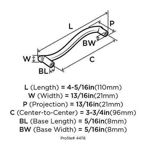 Diagram showing dimensions of 3-3/4 Inch Center To Center Satin Nickel Cabinet Pull In Everyday Heritage Style with measurements in inches and mm