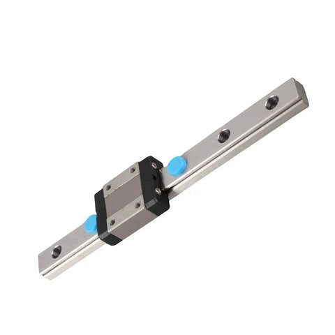 Miniature Linear Rail Guide With 12mm Width, 4 Point Contact, Integrated Lubrication System, shown angled in metal finish