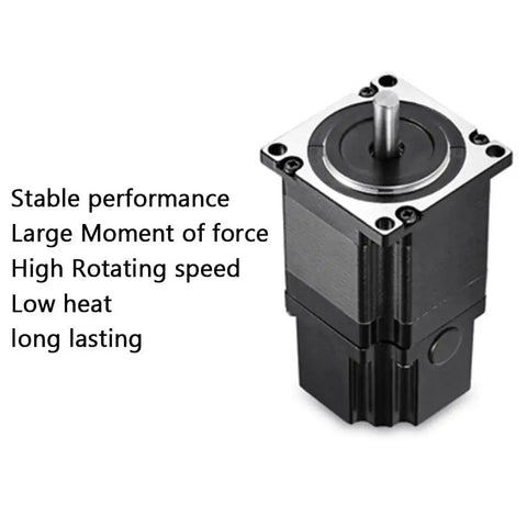 Front view of a black open-loop stepper motor with square mounting flange and protruding shaft
