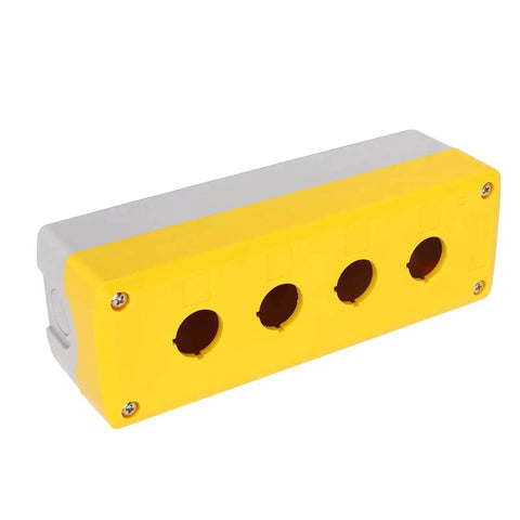 Beefy 4 Gang ABS Push Button Control Station Enclosure in bright yellow, side view, heavy duty electrical box, IP65 rated, industrial use.