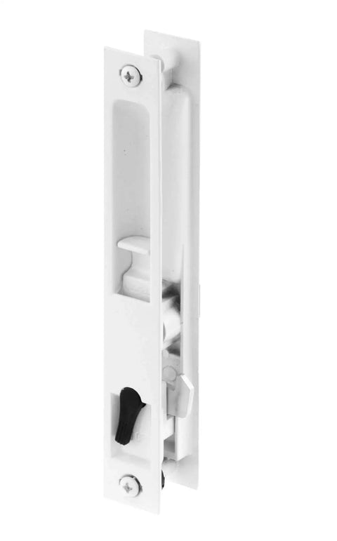 Side view of Sliding Glass Patio Door Handle Set Flush Mount Non-Keyed With 6-5/8 Inch Screw Hole Centers White DL-502 Replacement Hardware.