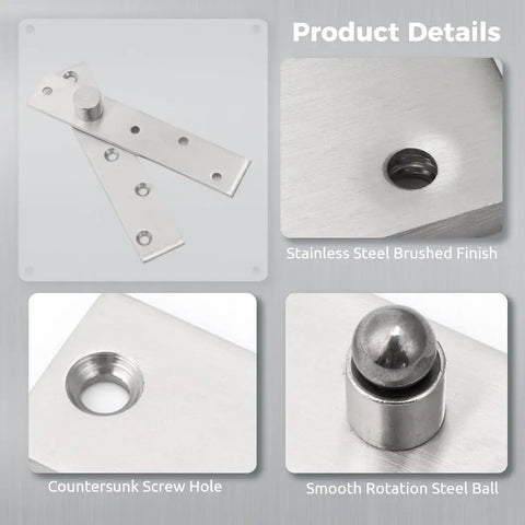 Heavy Duty Invisidoor Pivot Hinges Kit With Screws 4 Pack Hidden 360 Degree Pivot Hinge System For Wood Doors Invisible Bookcase Door Hardware Stainless Steel Construction Slick Smooth Quiet Operation showing brushed finish, countersunk screw hole, and steel ball.