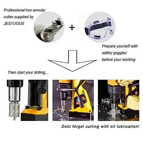 Heavy Duty 13 Piece Annular Cutter Set for Drill Press With Weldon Shank 3/4 Inch, safety goggles, and drilling examples.