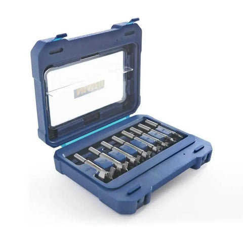 Open blue plastic case showing 8-piece Forstner Bit Set for Woodworking with flat bottomed holes and pocket holes.