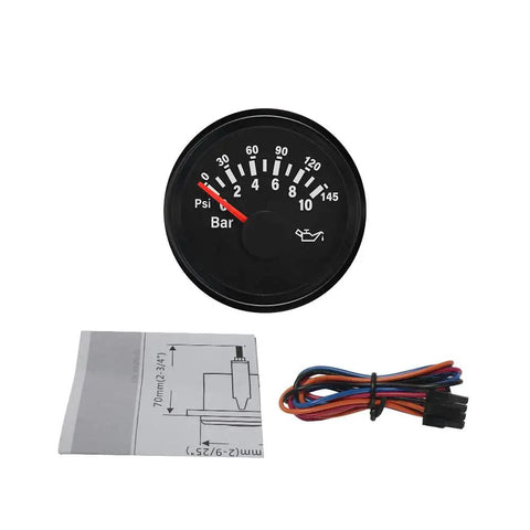 Marine Oil Pressure Gauge 0 To 10 Bar 0 To 145 Psi 52 Mm 2 Inch Backlit For 12 Volt 24 Volt Boats shown with wiring and installation diagram