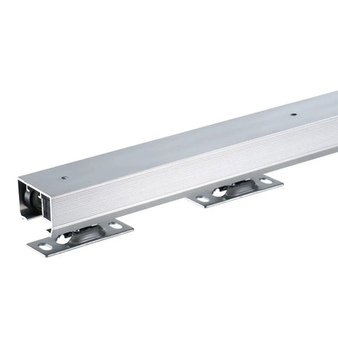 Sliding Pocket Door Hardware Track Kit With 5.73 Ft Heavy Duty Commercial Grade Track Set for single doors, close-up of aluminum track.