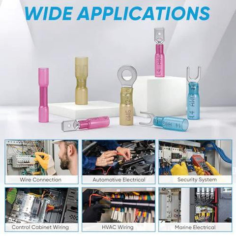 TICONN 120Pcs heat shrink wire connectors kit; waterproof automotive marine terminals, crimp ring/fork/spade connectors
