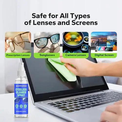 Streak Free Eyeglass Cleaner Spray With Microfiber Cloth Kit cleaning laptop screen with text 'Safe for All Types of Lenses and Screens'.