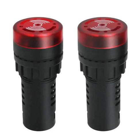 Two Pack 22mm Red LED Buzzer Alarm Signal Light 24V AC DC Indicator with High Brightness LED and Loud Speaker, front view.