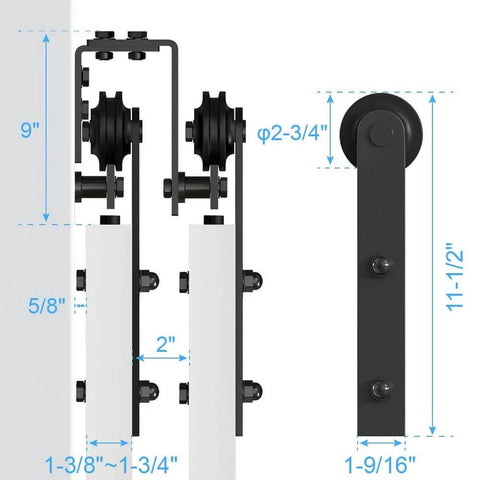 10 Foot Four Door Double Track Bypass Sliding Barn Door Hardware Kit For Interior Use showing rail and roller measurements
