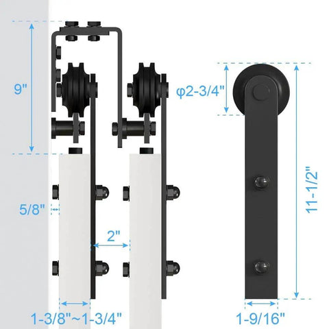 Diagram of Sixteen Foot Four Door Bypass Sliding Barn Door Hardware Kit With Double Track System, showing dimensions and installation details.