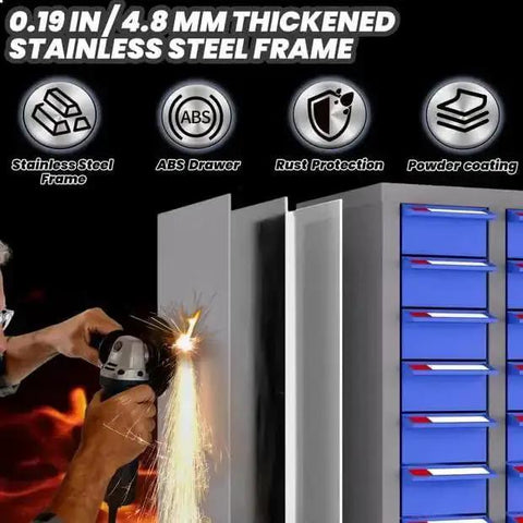 100-Drawer Nut And Bolt Organizer With Stainless Steel Frame showing ABS bins, rust protection, and a man using power tool.