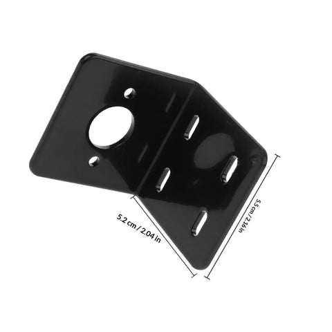 Versatile Gear Motor Mounting Bracket L Shaped Holder for Motors With Multiple Fixed Holes and Adjustable Position Sturdy L Shaped Stand Base for Robotics Projects for Makers and DIY Gear Motor Mounts FOMIYES 775 Compatible; L-shaped bracket in black iron with fixed holes, shown at an angle with dimensions.