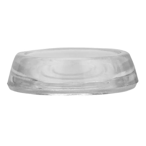 Side view of one clear glass coaster from Set Of 12 Clear Glass Furniture Coasters Round 2 9/16 Inch Floor Protectors For Chairs Tables And Sofas Elegant Caster Cups For Hardwood Carpet And Tile Keeps Floors Safe From Scratches And Dents.