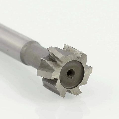 Close-up of Heavy Duty T Slot Milling Cutter HSS End Mill For Woodruff Key Seats And CNC Milling, showing alternate side teeth.