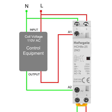 Diagram of 25 Amp Two Pole AC Contactor With 110V 120V Coil, 2NO, Universal DIN Rail Mount showing wiring and electrical setup