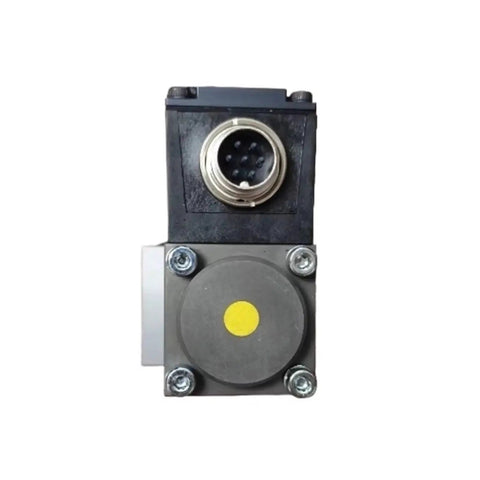 Front view of electric proportional valve; black top housing with round connector and gray valve body with a yellow dot.