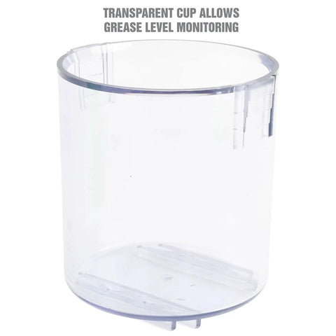 Transparent grease cup for Bearing Packer For Wheel Bearings Up To Three And A Half Inch Diameter, mess free repacking tool.
