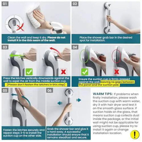 Two Pack Suction Grab Bars For Shower And Bath Removable Heavy Duty Waterproof installation guide with step-by-step instructions.