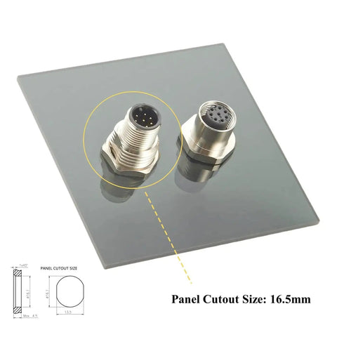 8 Pin M12 A Code Bulkhead Connector Male To Female IP67 Panel Mount Feedthrough on glass with panel cutout 16.5mm