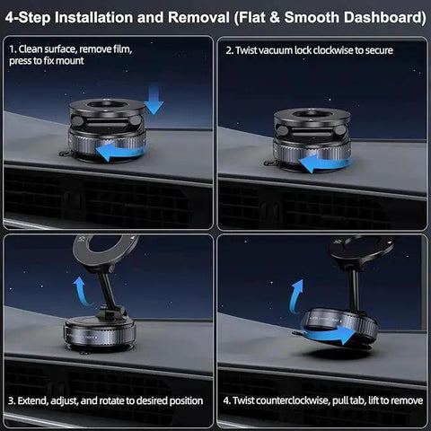 Magnetic car phone mount with vacuum suction cup, black and silver, 360° rotation, installed on dashboard.