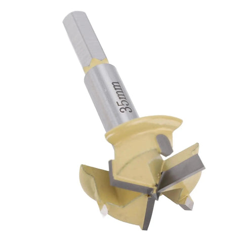 35mm Hinge Boring Bit With 9mm Hex Shank And 10mm Drilling Depth, 3 Flute Hinge Hole Cutter For Woodworking, close-up view.