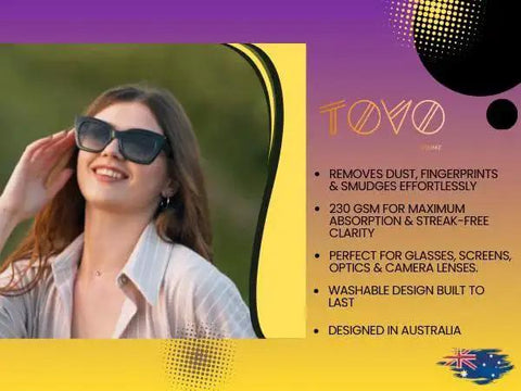 Woman wearing sunglasses next to product info card for Microfiber Lens Cleaning Cloth 6 Pack For Glasses Cameras 6x7in 230GSM