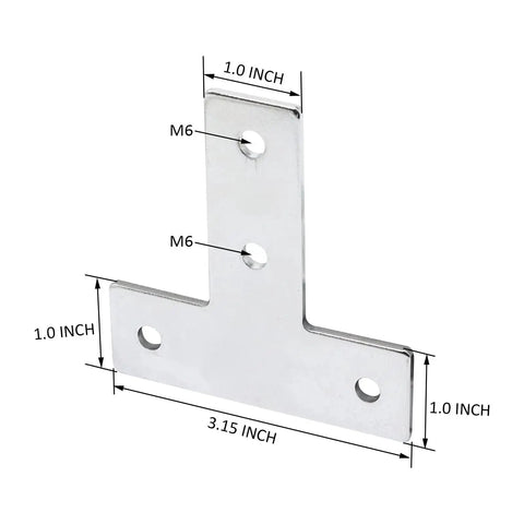 T-slot corner bracket for 1010 aluminum extrusion, showing dimensions and M6 hole placements, part of 10 Piece Set 1 Inch By 1 Inch.