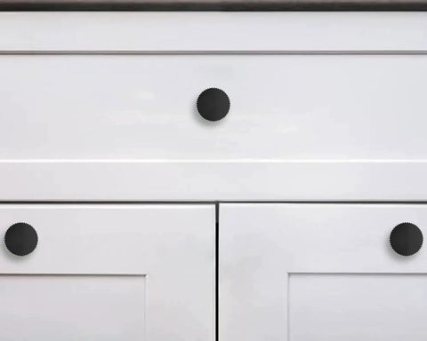 Matte Black Cabinet Knob Set Five Pack For Kitchen Drawers And Furniture Doors Corrosion Resistant Zinc Coated Hardware installed