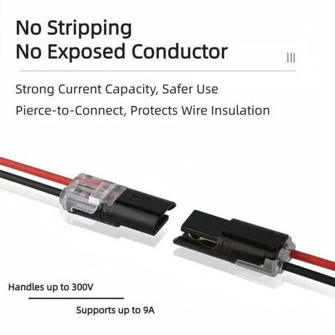 Close-up of electrical quick-connectors demonstrating no stripping or exposed conductor. Wire insulation is protected, supporting up to 300V.