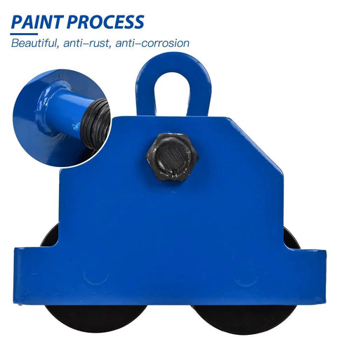 Heavy Duty I Beam Trolley With 4400 Lbs Capacity for push operation, blue paint finish, anti-rust, fits 3 to 6.5 inch flange