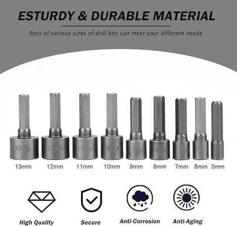 9-piece drill bit set with anti-corrosion material, showing sizes from 5mm to 13mm, for 14 Piece Power Nuts Driver Drill Bit Set With Metric Sockets And Wrenches, One Quarter Inch Hex Driver Bits And Hex Keys, Heavy Duty Steel With ABS Construction, Rust Resistant, Built For Quick Changes And Real World DIY Projects.