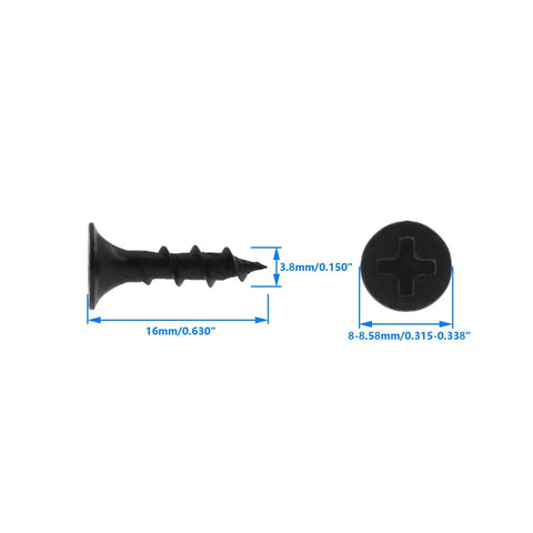 Beefy Heavy Duty Drywall Screws For Plasterboard Coarse Thread Bugle Head Phillips Drive Self Tapping Black Phosphate Coating M3.8x16mm 200Pcs shown in side and top view