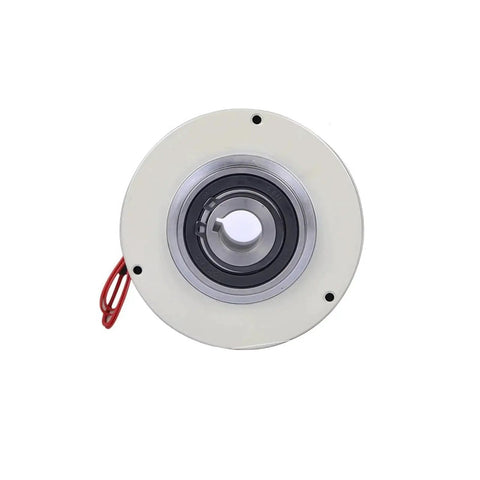 Front view of magnetic powder brake PB-B3-1.2 with metal housing and red electrical leads.