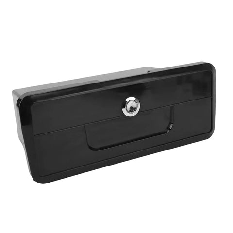 Front view of black plastic marine glove box with lockable lid for boat console.