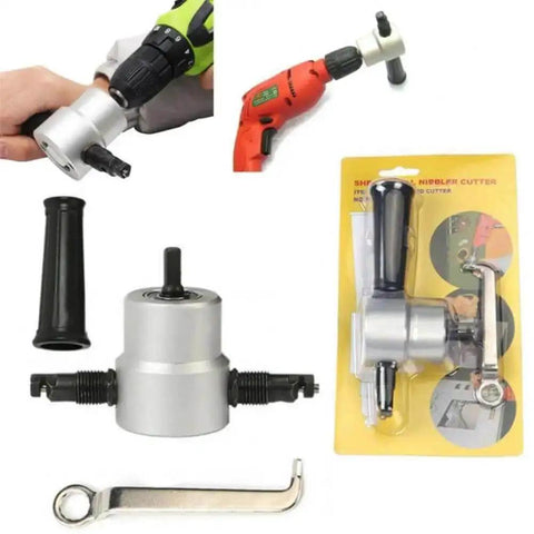 Double Head Sheet Metal Nibbler Saw Cutter Power Drill Attachment for Straight and Curve Cuts with ergonomic handle packaging shown