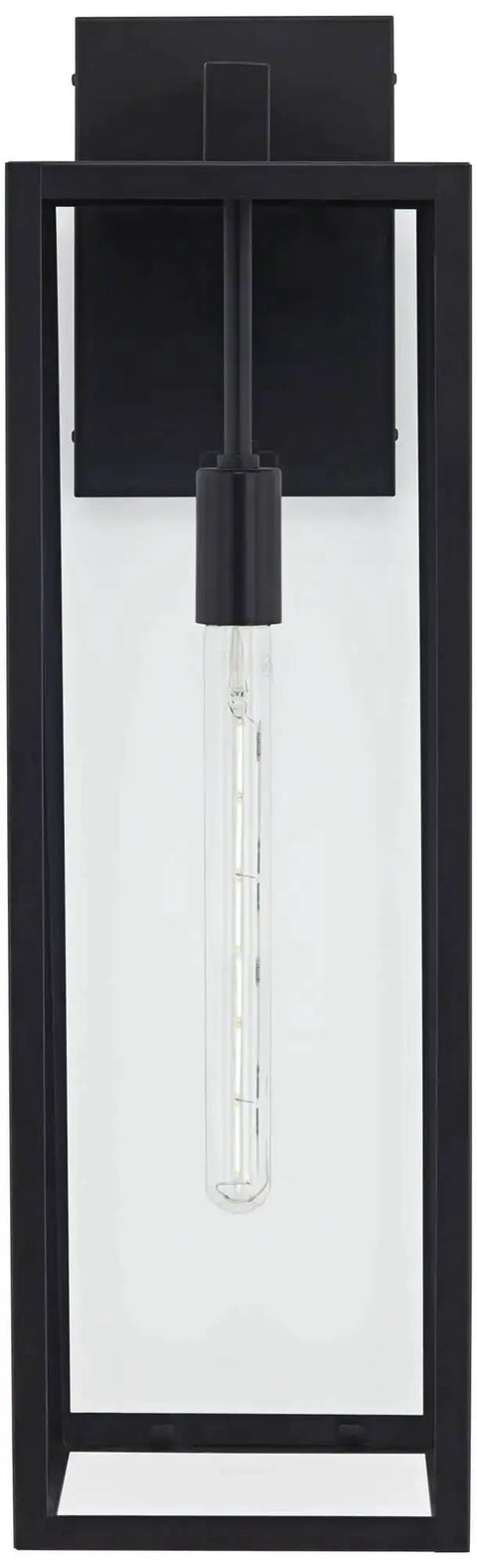 Front view of Modern Industrial Outdoor Wall Light Fixture in Mystic Black with 27 inch clear glass panels