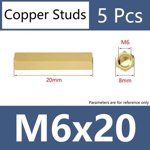 Brass Double Through Female Threaded Hex Standoffs M6x20mm PCB Spacer Set of 5, side and front view with measurements