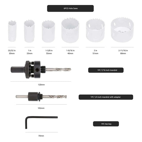 Bi-Metal Hole Saw Kit 9-Piece With Carrying Case, High Speed HSS Cutters From 0.78 Inch To 2.69 Inch, includes hole saws and mandrels.