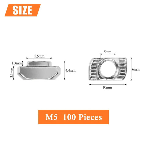 Diagram showing dimensions of 100 Pieces M5 2020 Series T Slot Nuts For Aluminum Profiles Nickel Plated Carbon Steel