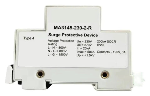 Industrial Surge Protection Device For 230V AC Equipment 2 Module DIN Rail Protector front view with voltage ratings