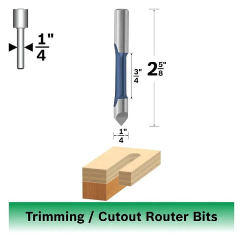 Heavy Duty One Quarter Inch By Three Quarter Inch High Speed Steel Single Flute Pilot Panel Straight Router Bit For Window And Door Cutouts In Abrasive Insulation Materials Plywood And Paneling With Drill Through Pilot diagram