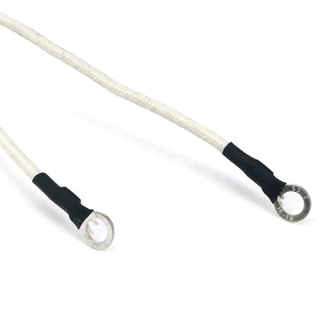 Two white braided braking-resistor lead wires with silver ring solder lug terminals