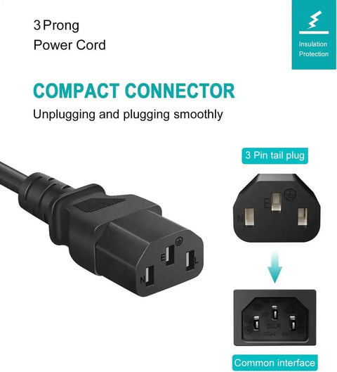 Ender CR Sermoon Series 3D Printer Power Cord 18AWG 3 Prong AC Cable, showing compact 3-pin connector and interface details.
