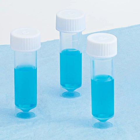 Globe Scientific 6101S polypropylene transport tubes with white caps, sterile 5 mL, conical bottom, three tubes shown