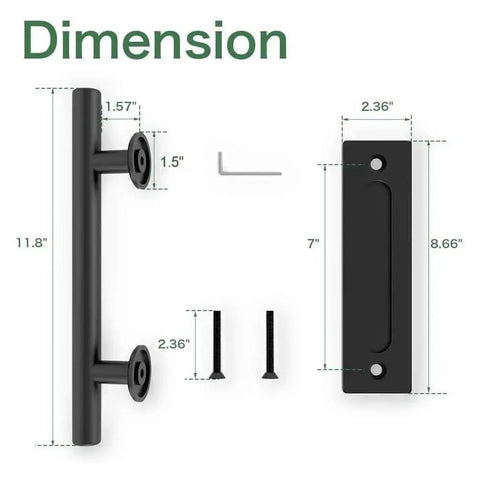 10 Inch Sliding Barn Door Handles And Pulls, Double Sided Hardware Set With Flat Bottom Plate Design In Rustic Black, dimension details